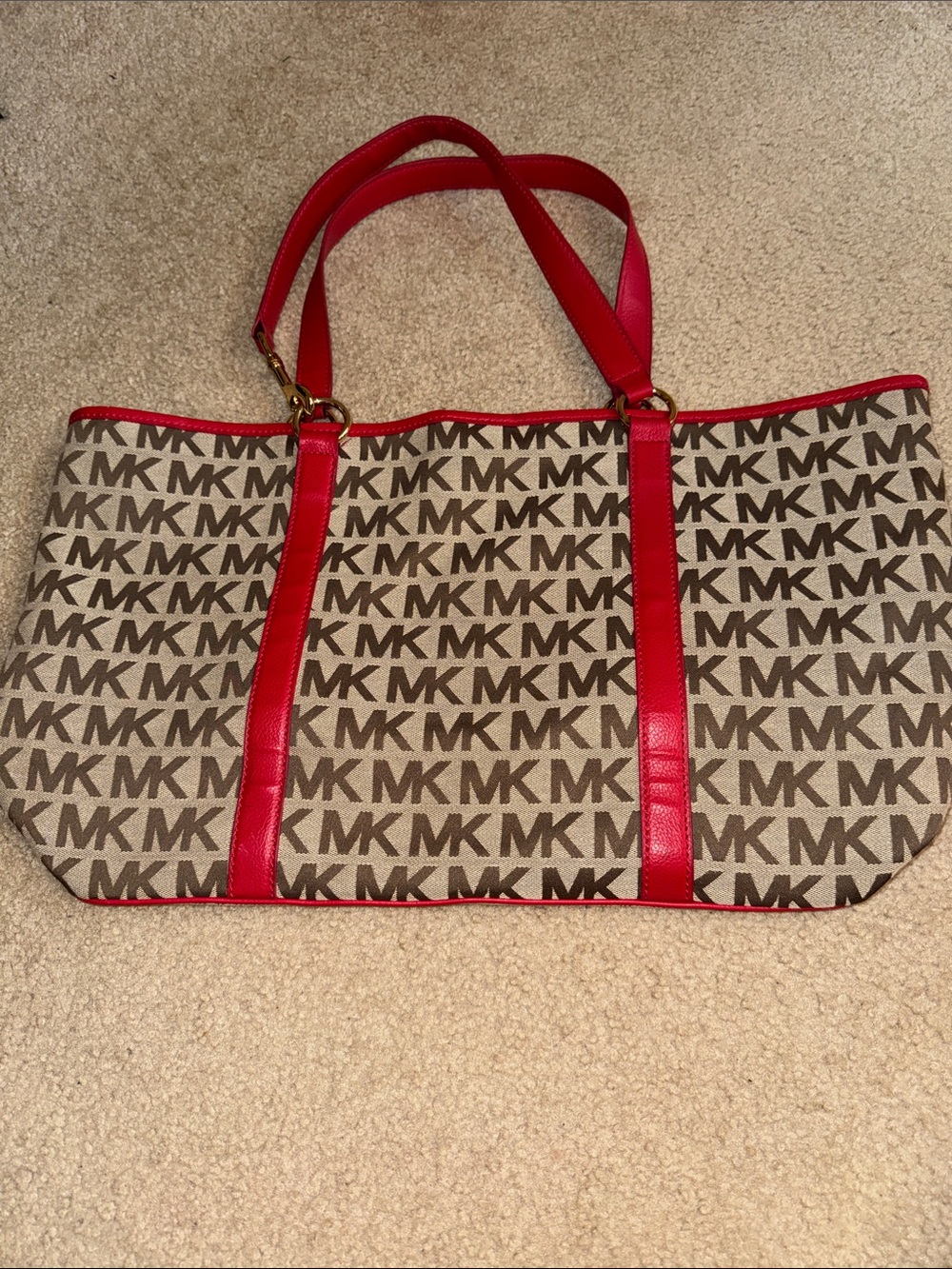 Michael Kors Beige MK Logo Tote with Red Trim